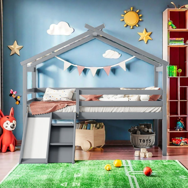 Harper Orchard Twin Low Loft House Bed With Slide, Ladder, Safety